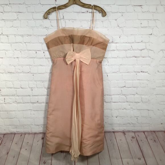 Vintage 60s Peach Blush Party Dress Ruffled Bodice Skinny Strap Front Bow M L - Picture 2 of 9